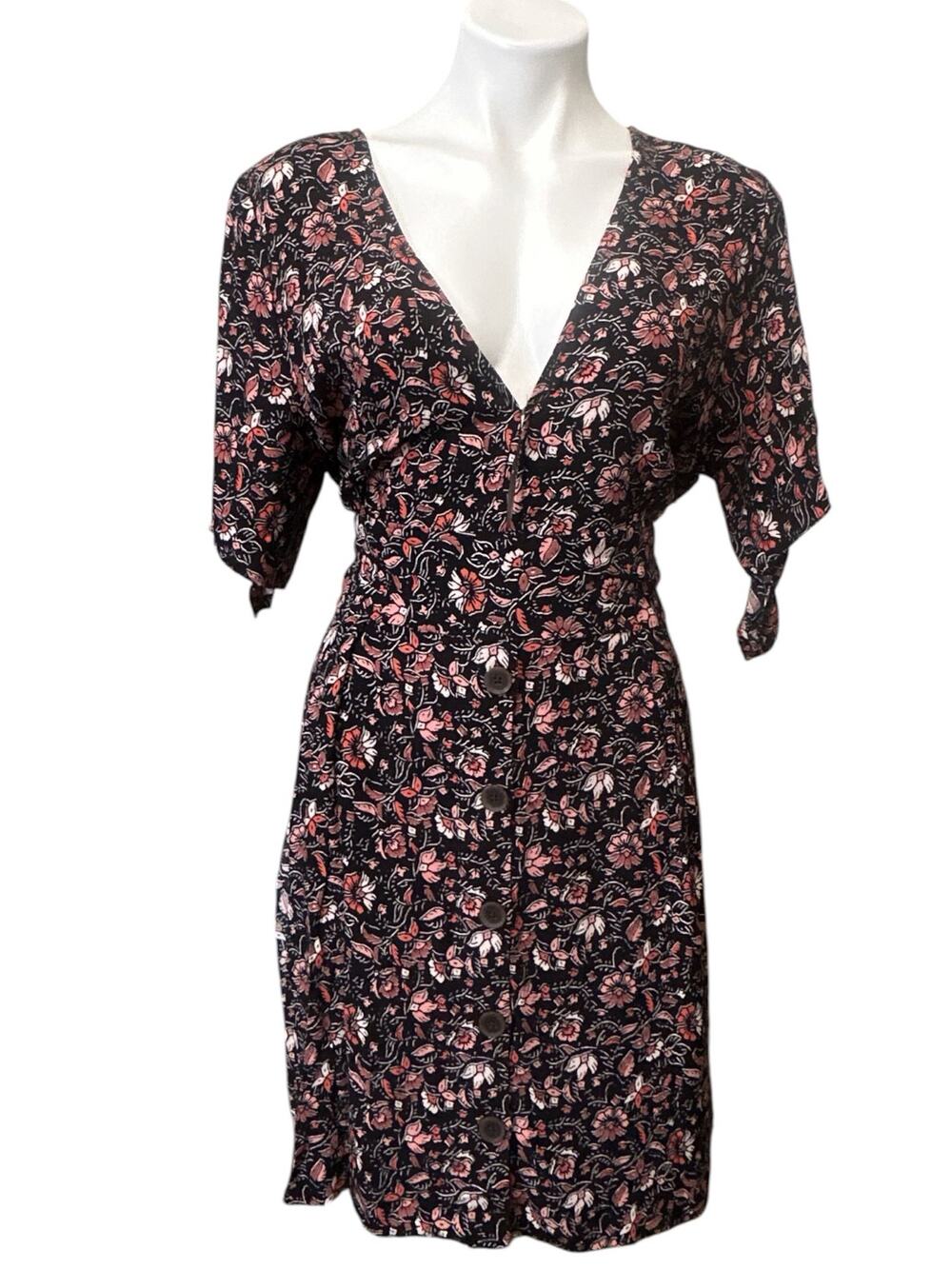 Sanctuary Black Floral Print Button Front Tie Waist V-Neck Midi Dress Sz 12